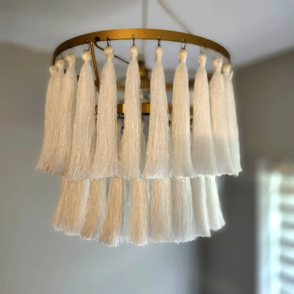 Elegant White Fringe Tassel Chandlier Gold Accents Boho Modern Lamp